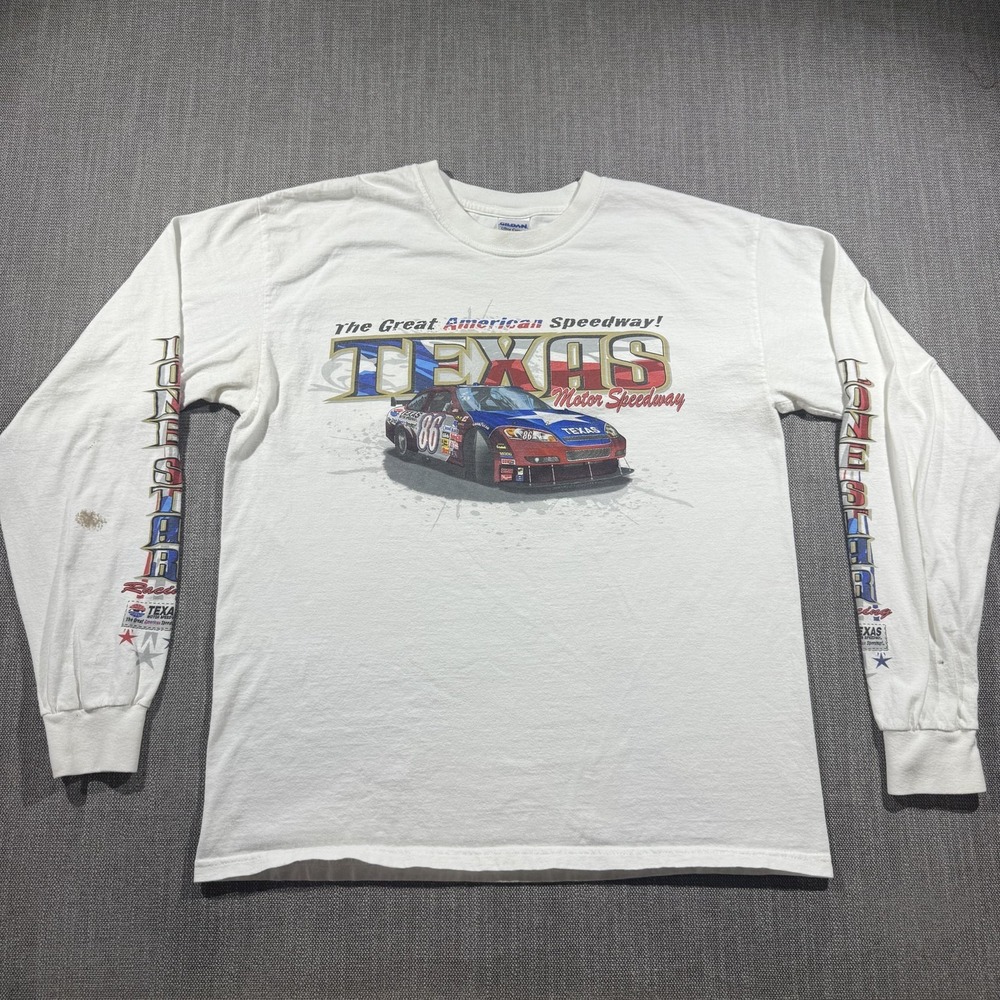 Texas Motor Speedway Shirt Mens Large White Racing Long Sleeve Car Graphic Tee